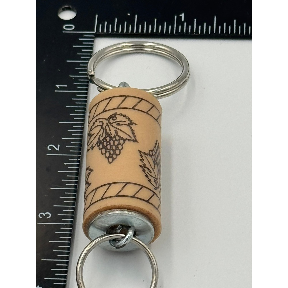 Tan Wine Cork Keychain with Grape Cluster Print Dual Ring Metal Hardware